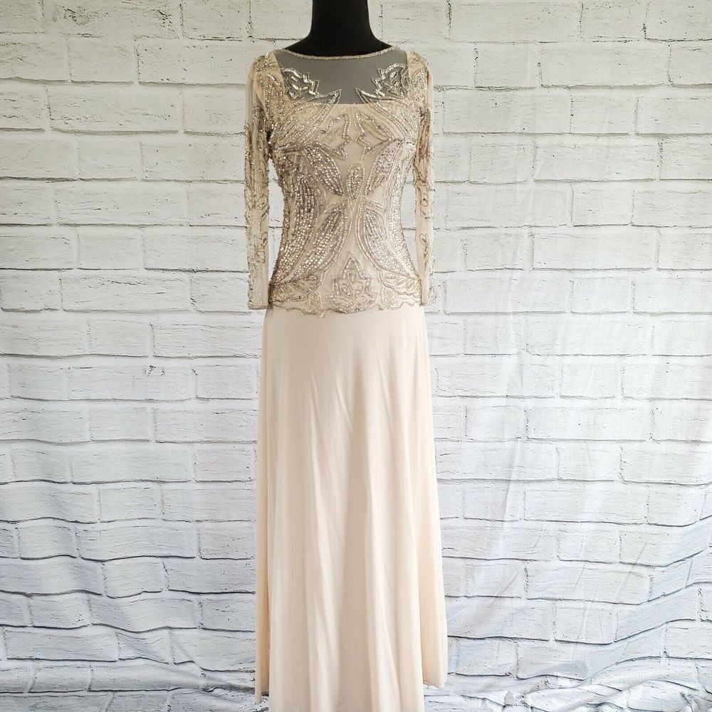 Pisarro Nights Blush Sheer 3/4 sleeve Beaded Gown Formal Womens Size 4 Rayon